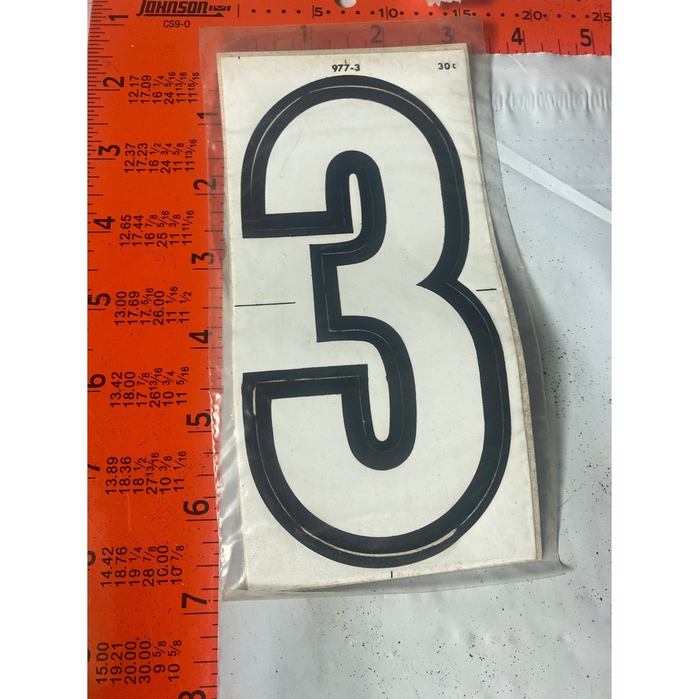 Vintage Meyercord Kwik-Space 6" Number 3 Black White Self Stick NOS 977-3